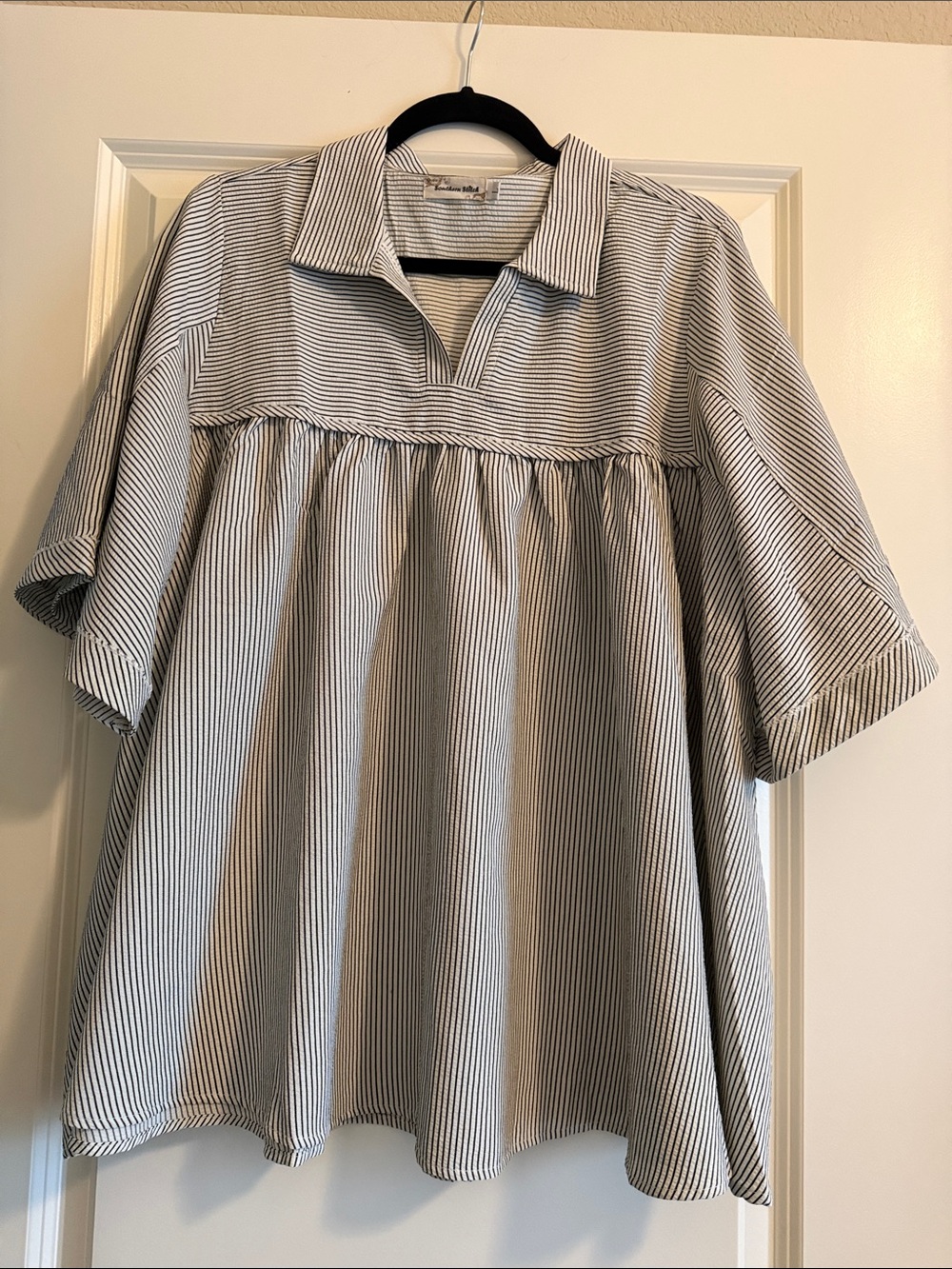 Southern Stitch Collared Striped Babydoll Blouse - Black & White- very flowy